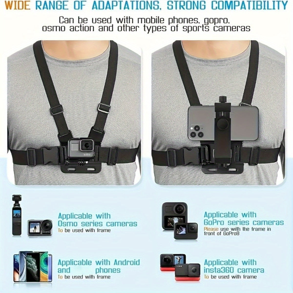 Verstellbarer Freisprecher Brustgürtel für bequeme Dreharbeiten und Fotografie-sichere Telefonhalter für Smartphones und Actionkameras-3