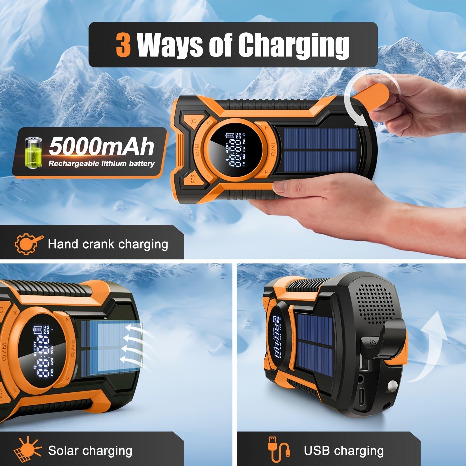 All-in-One-Notfallradio mit Handkurbel, Solarpanel, Taschenlampe und USB-Ladegerät-ideal für Camping und Nutzung im Freien-5