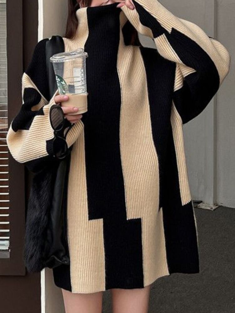 Claire | Großer Pullover mit Hohem Kragen und Farbblockdesign