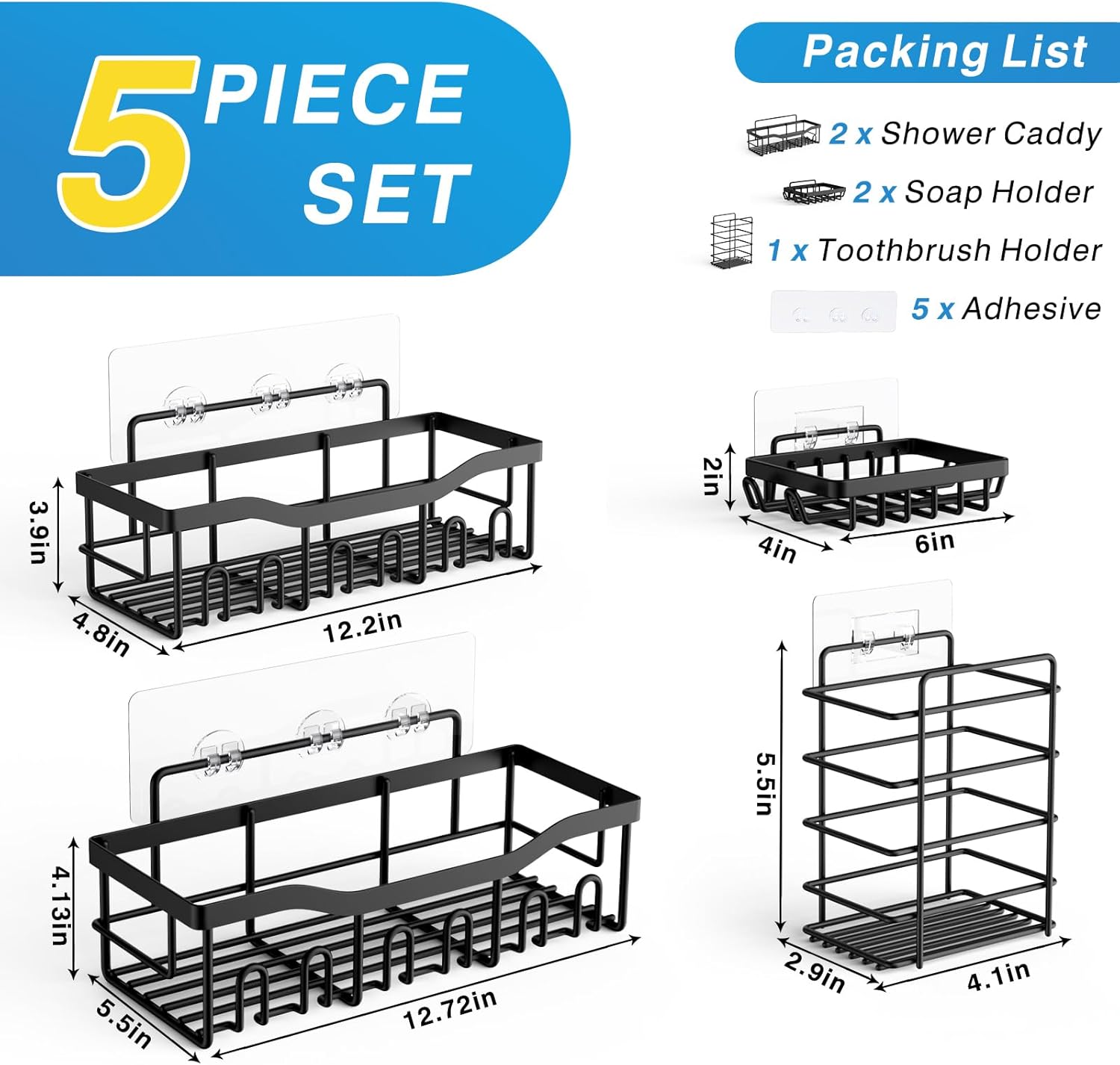  StickPro - 5 -Pack -Selbstadhäsions -Duschmandden - Edelstahlorganisator ohne Bohren-2