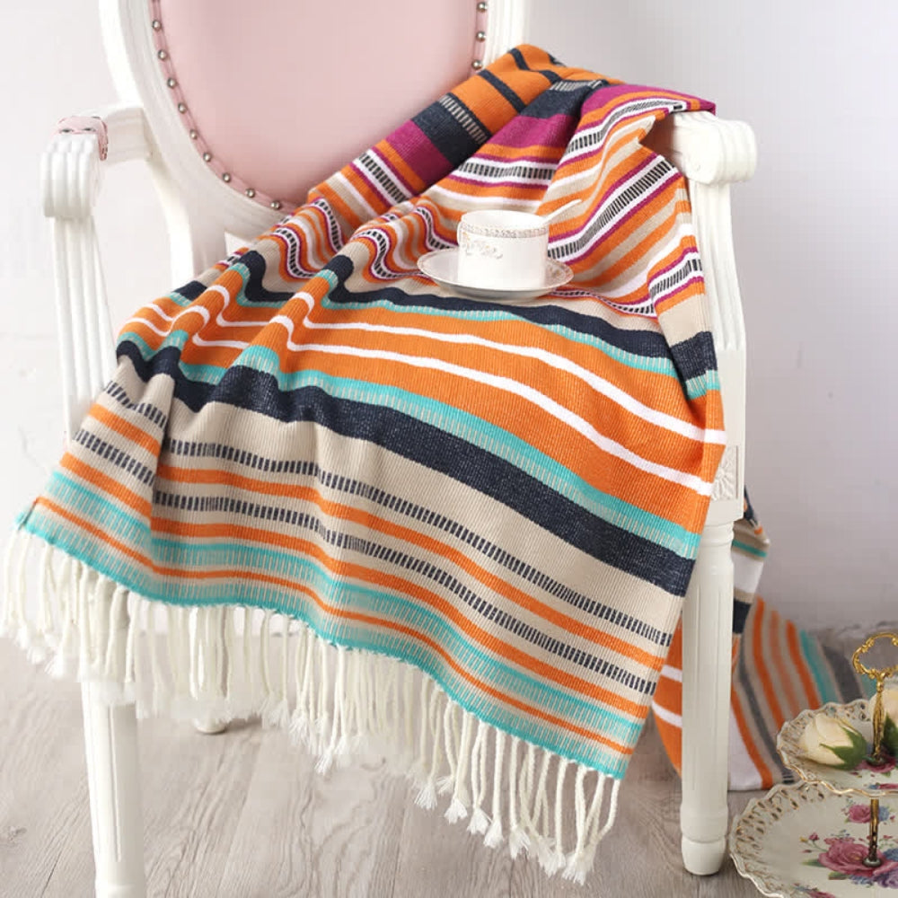 Bunte Gestreifte Decke Mit Quasten Für Zuhause Baumwolle Acryl 1