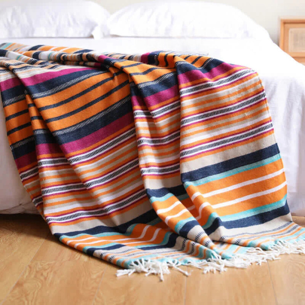 Bunte Gestreifte Decke Mit Quasten Für Zuhause Baumwolle Acryl 2