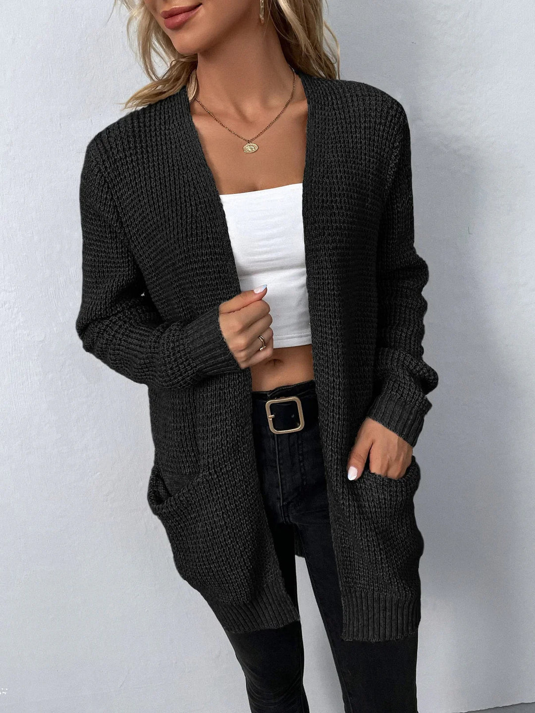 Damen Lange Strickjacke Klassisch Bequem Hochwertige Strickware 0