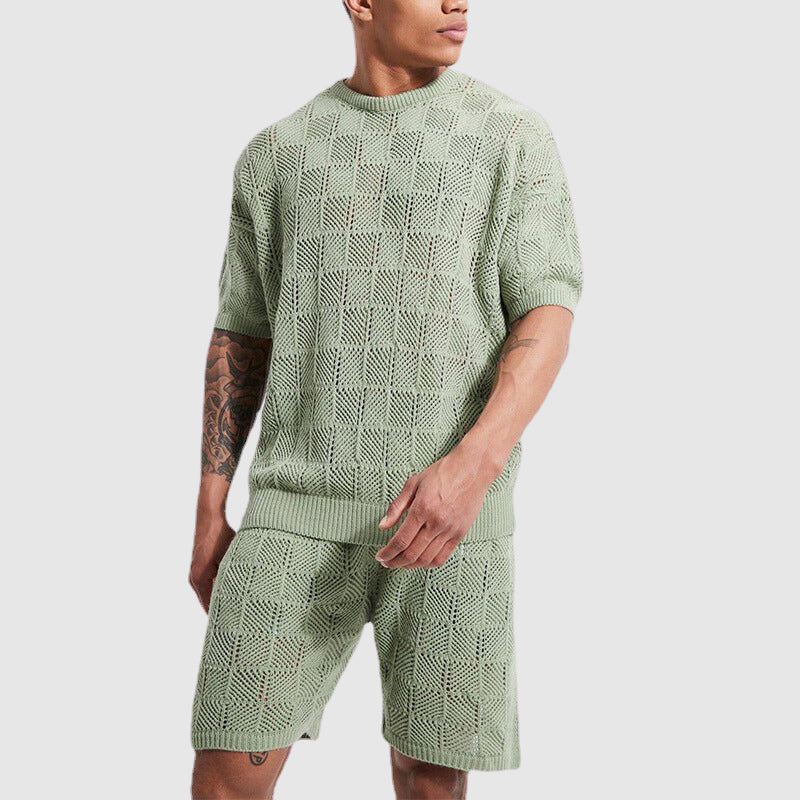  Herrengestrickter Set - atmungsaktive Kurzarmd -Top & Shorts - Geometrische Textur Casual Wear-1