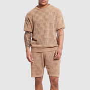  Herrengestrickter Set - atmungsaktive Kurzarmd -Top & Shorts - Geometrische Textur Casual Wear-2