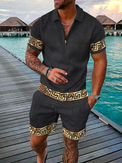  Zwei -teiliger Herren -Set - strukturierte Kurzarmier -Reißverschluss Polo & passende Shorts - Casual Wear-1