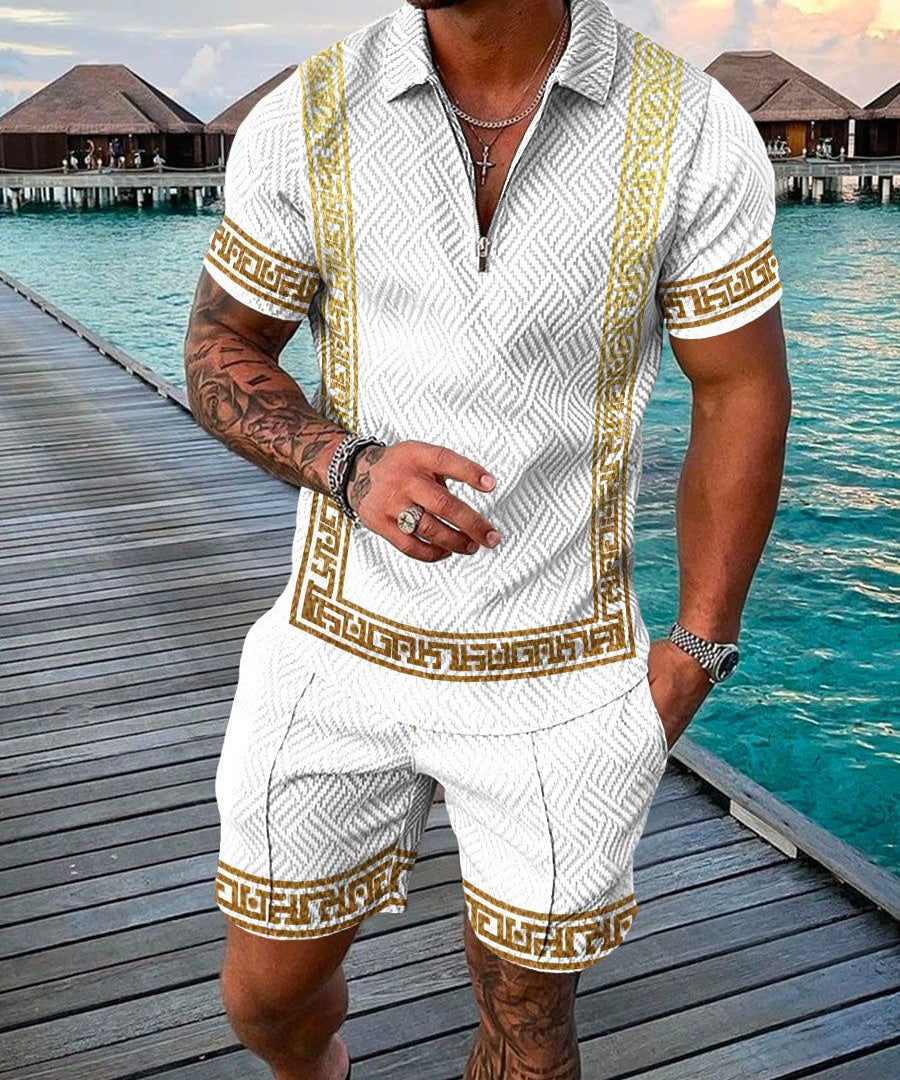  Zwei -teiliger Herren -Set - strukturierte Kurzarmier -Reißverschluss Polo & passende Shorts - Casual Wear-2