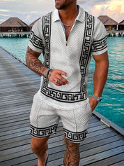  Zwei -teiliger Herren -Set - strukturierte Kurzarmier -Reißverschluss Polo & passende Shorts - Casual Wear-3