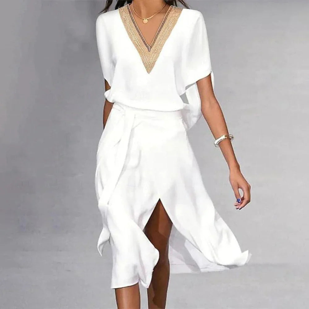 Bella | Elegantes Weißes Midi-Kleid mit V-Ausschnitt