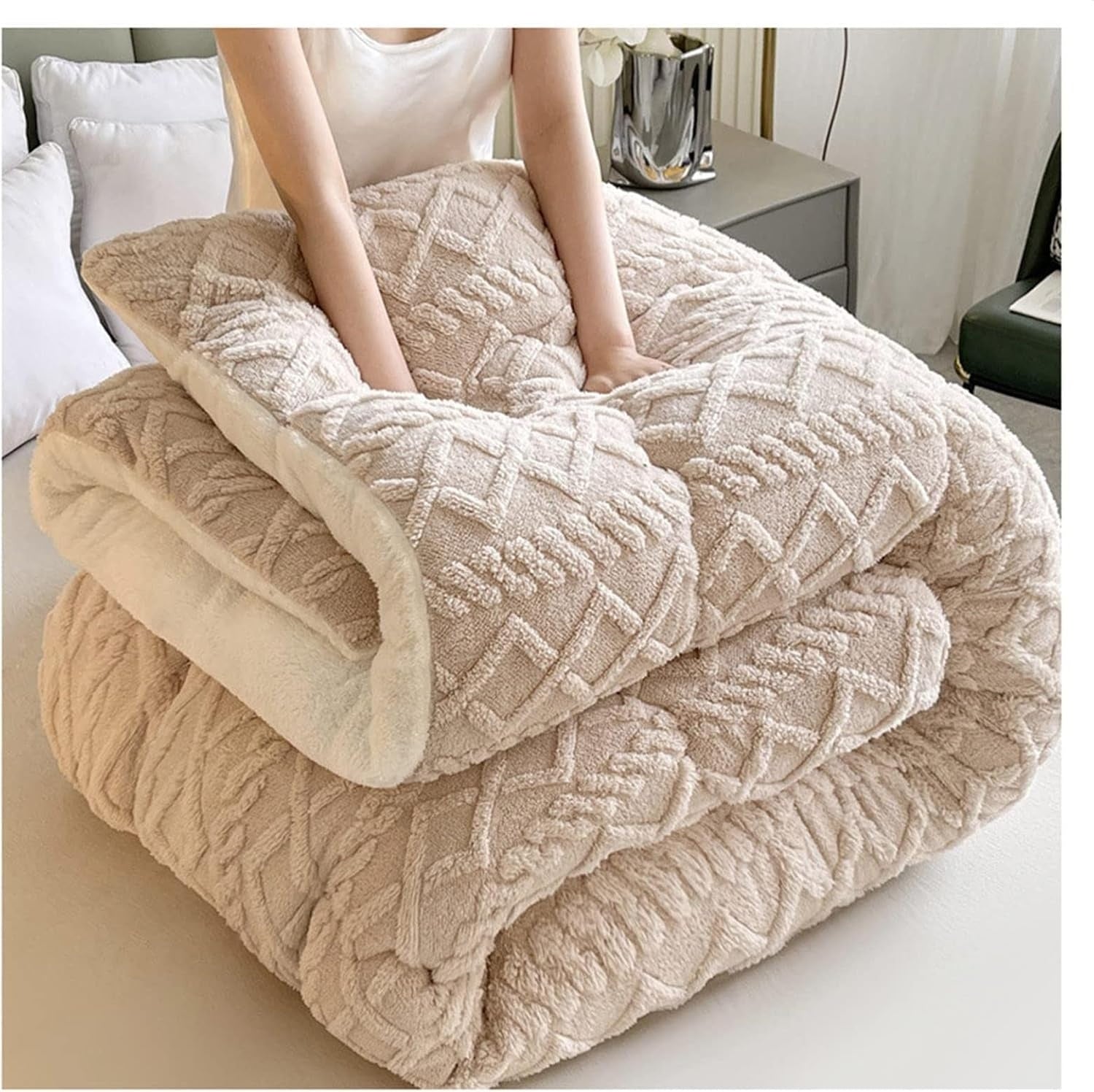 Kuscheldecke für Damen und Herren, Geometrisches Muster, Plüschige Sherpa, Hochwertige Baumwolle 4