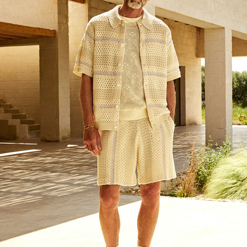  Herren -Strickjacke und Shorts Set - Entspannte Passform - Open Strick - atmungsaktive Freizeitkleidung-2