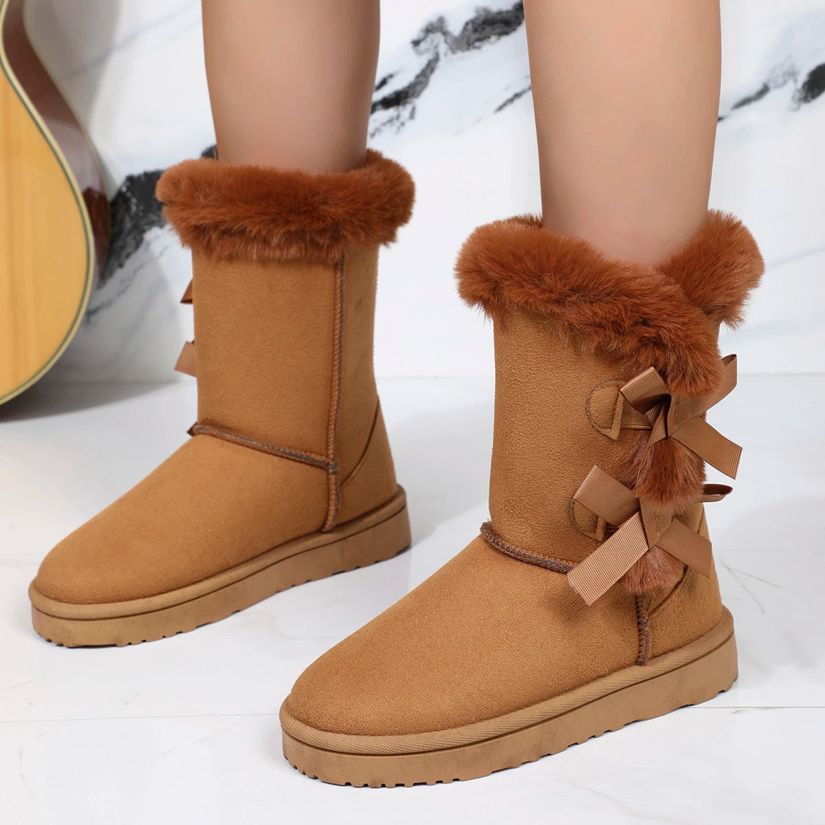 DES | Damen Winterstiefel Plüsch - Warme Boots mit Schleife