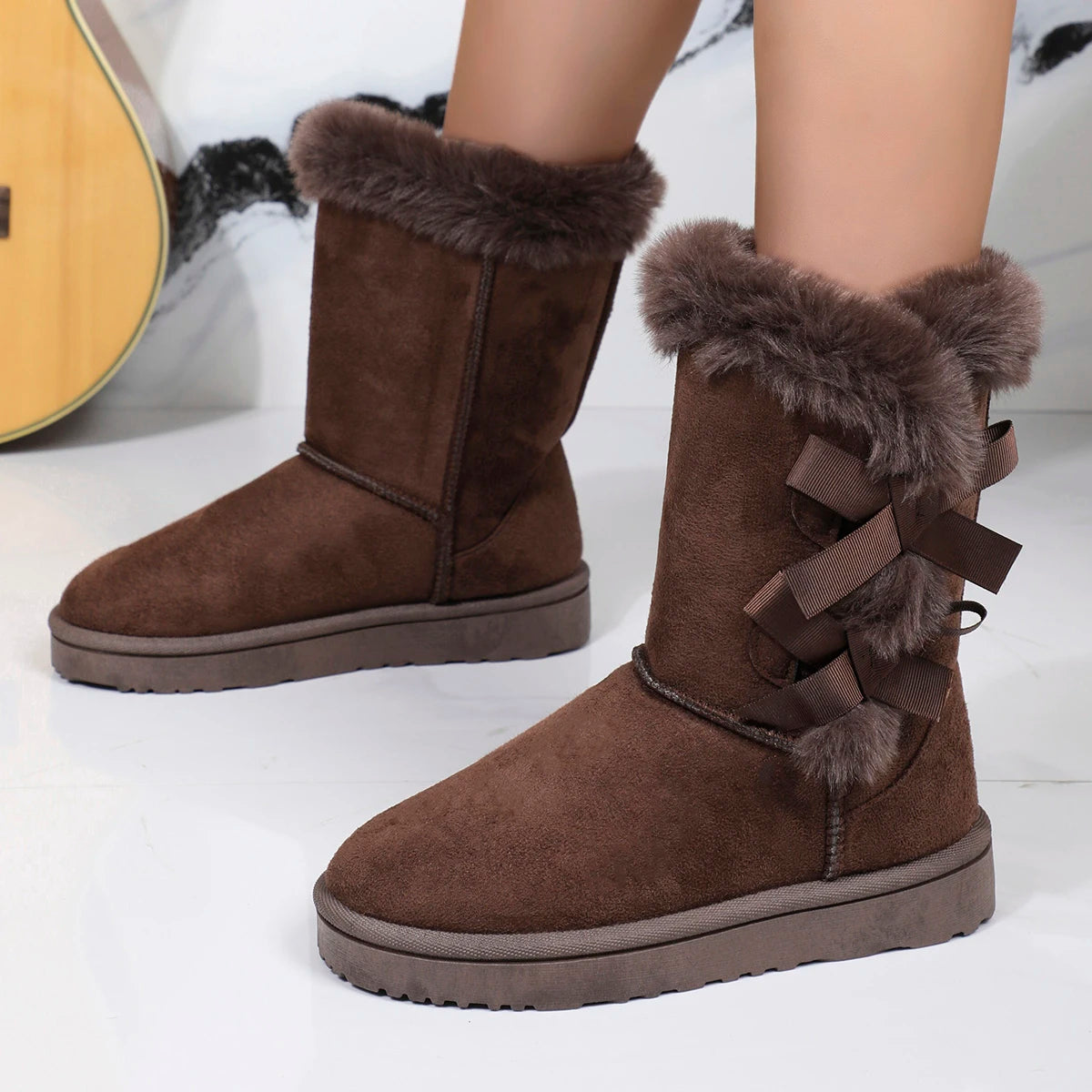 DES | Damen Winterstiefel Plüsch - Warme Boots mit Schleife