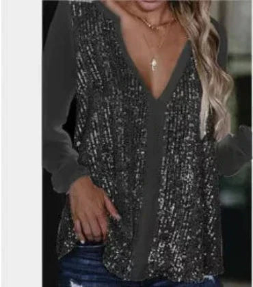 Pia | Glitzernde V-Ausschnitt Bluse mit Pailletten für Damen