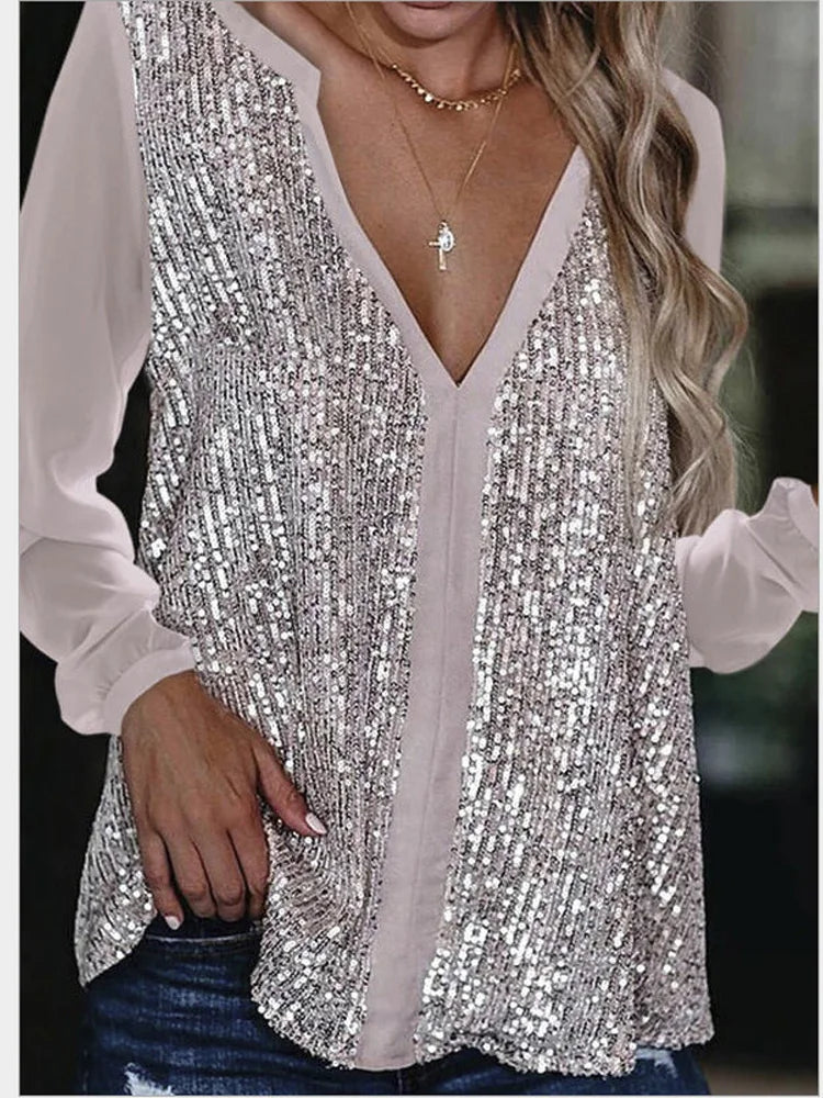 Pia | Glitzernde V-Ausschnitt Bluse mit Pailletten für Damen