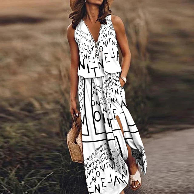 NATALIA | Modisches ärmelloses Kleid mit Buchstabenprint