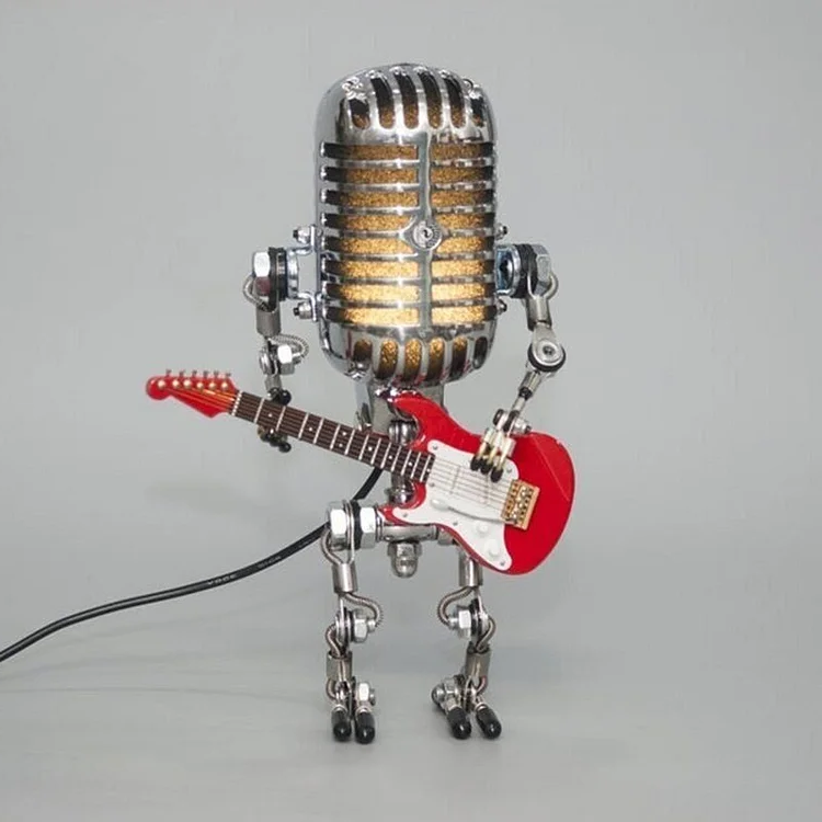 Vintage Metall Mikrofon Roboter mit Gitarrenlampe 6