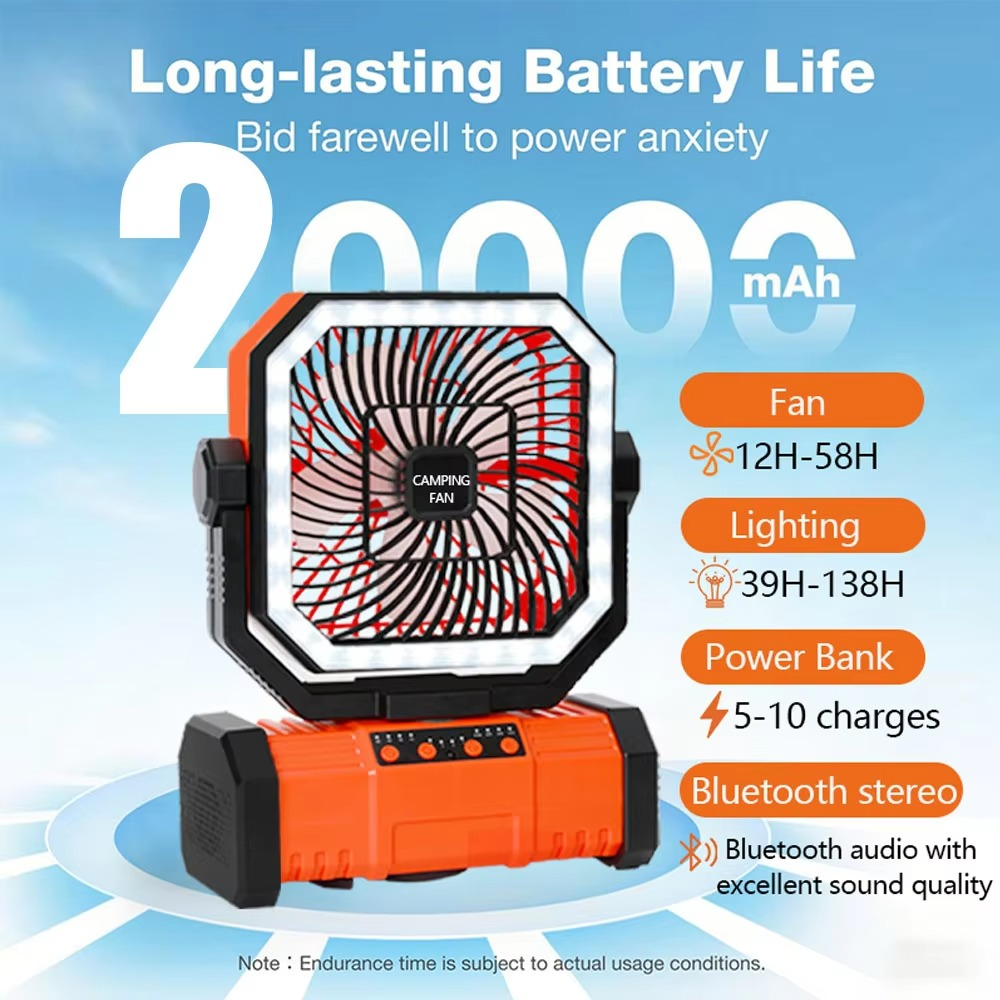 Wiederaufladbarer Campingventilator mit 20000 mAh Akku, 4 Geschwindigkeiten und LED-Laterne 0