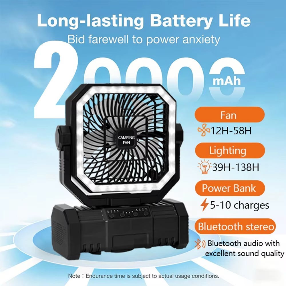 Wiederaufladbarer Campingventilator mit 20000 mAh Akku, 4 Geschwindigkeiten und LED-Laterne 3