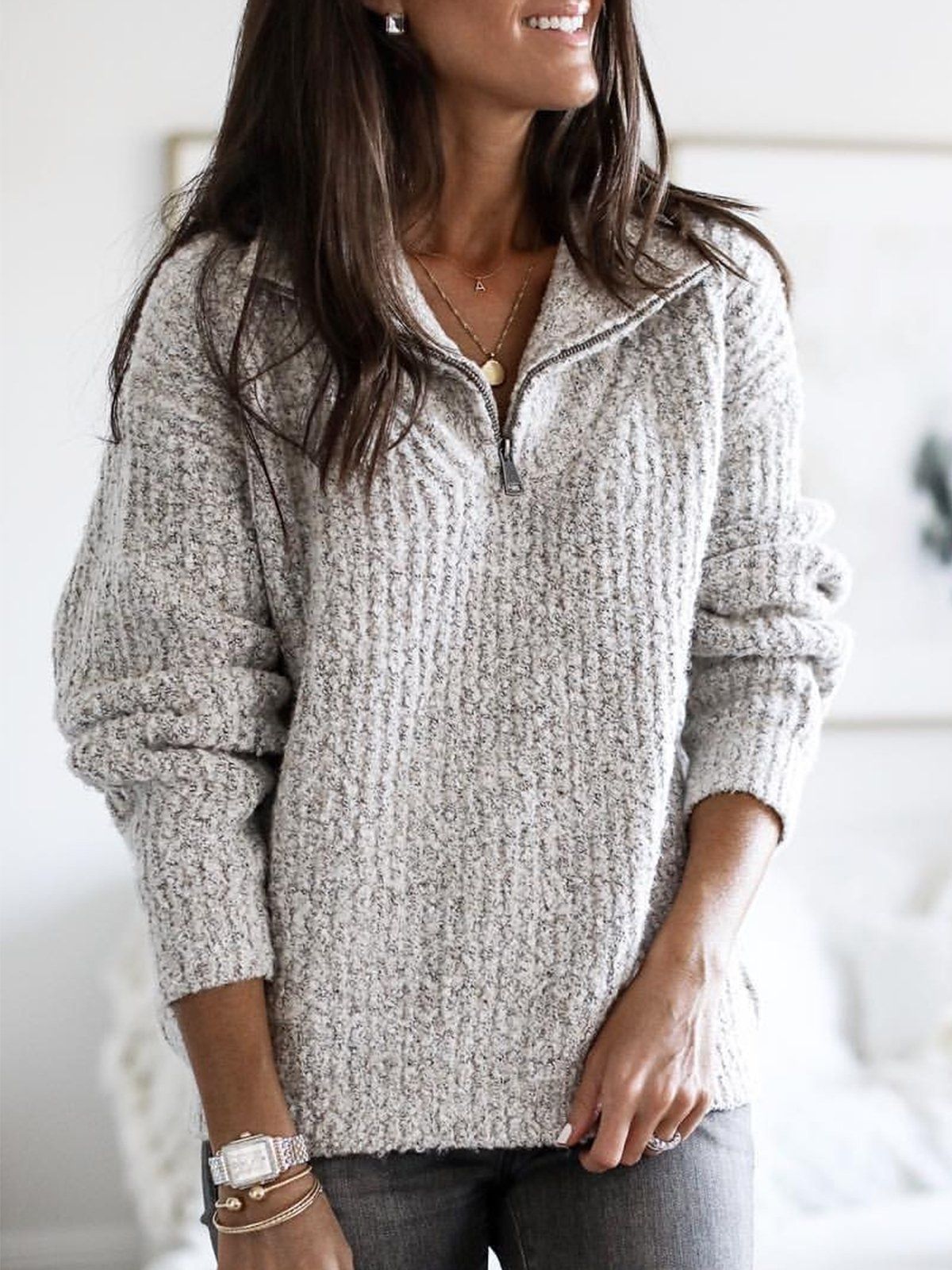Luxy | Gefütterter Wollstrick-Sweater mit Reißverschluss