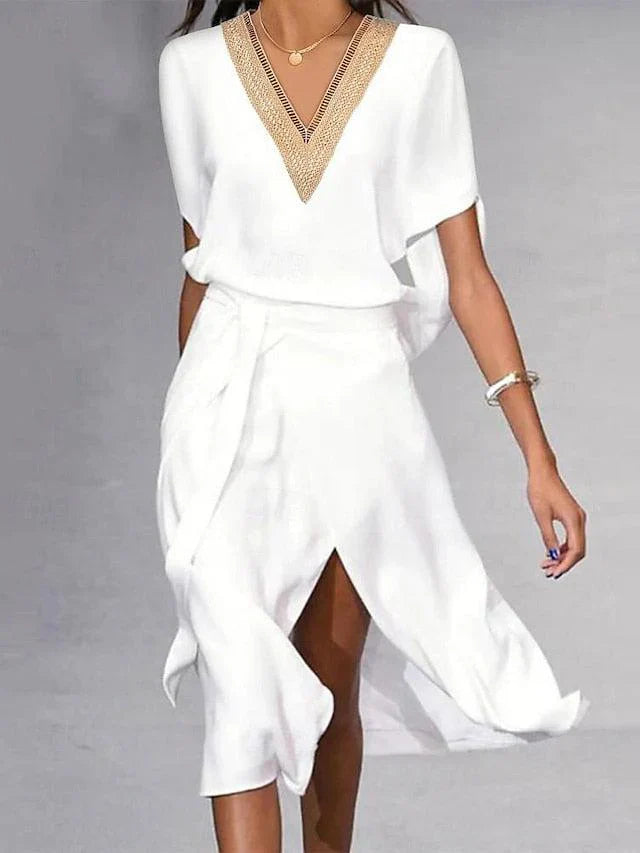 Bella | Elegantes Weißes Midi-Kleid mit V-Ausschnitt